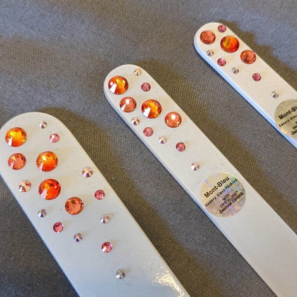 🆕SET OF 3 MONT BLEU DOUBLE SIDED WHITE GLASS NAIL FILES W/ SWAROVSKI CRYSTALS